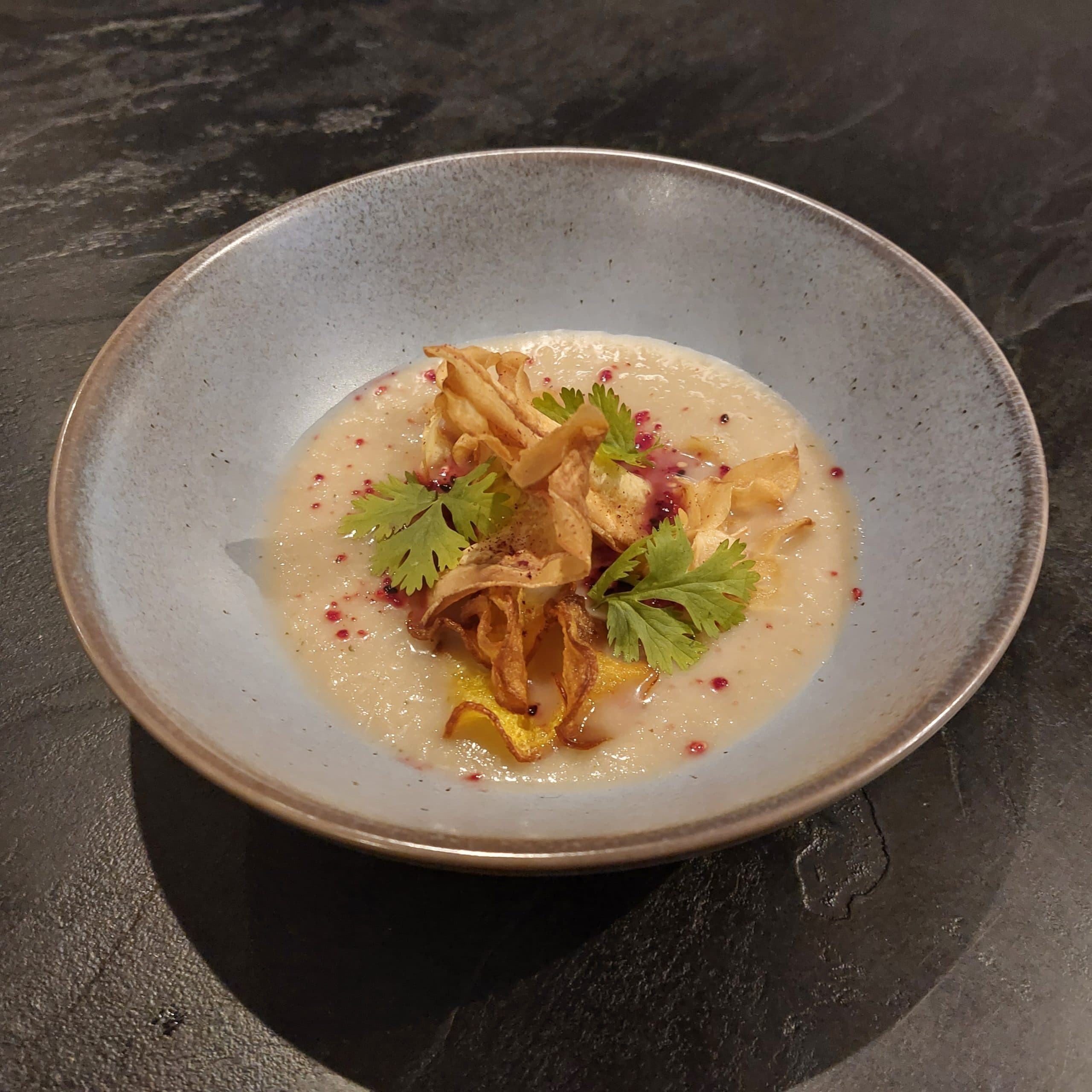 Parsnip soup with golden beetroot, apple, leek and smoked chicken